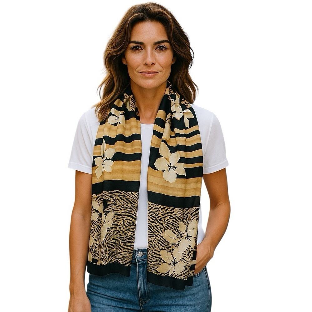 Vintage Hawaiian Scarf Womens Tropical‎ Floral Stripes Rectangular Retro 90s